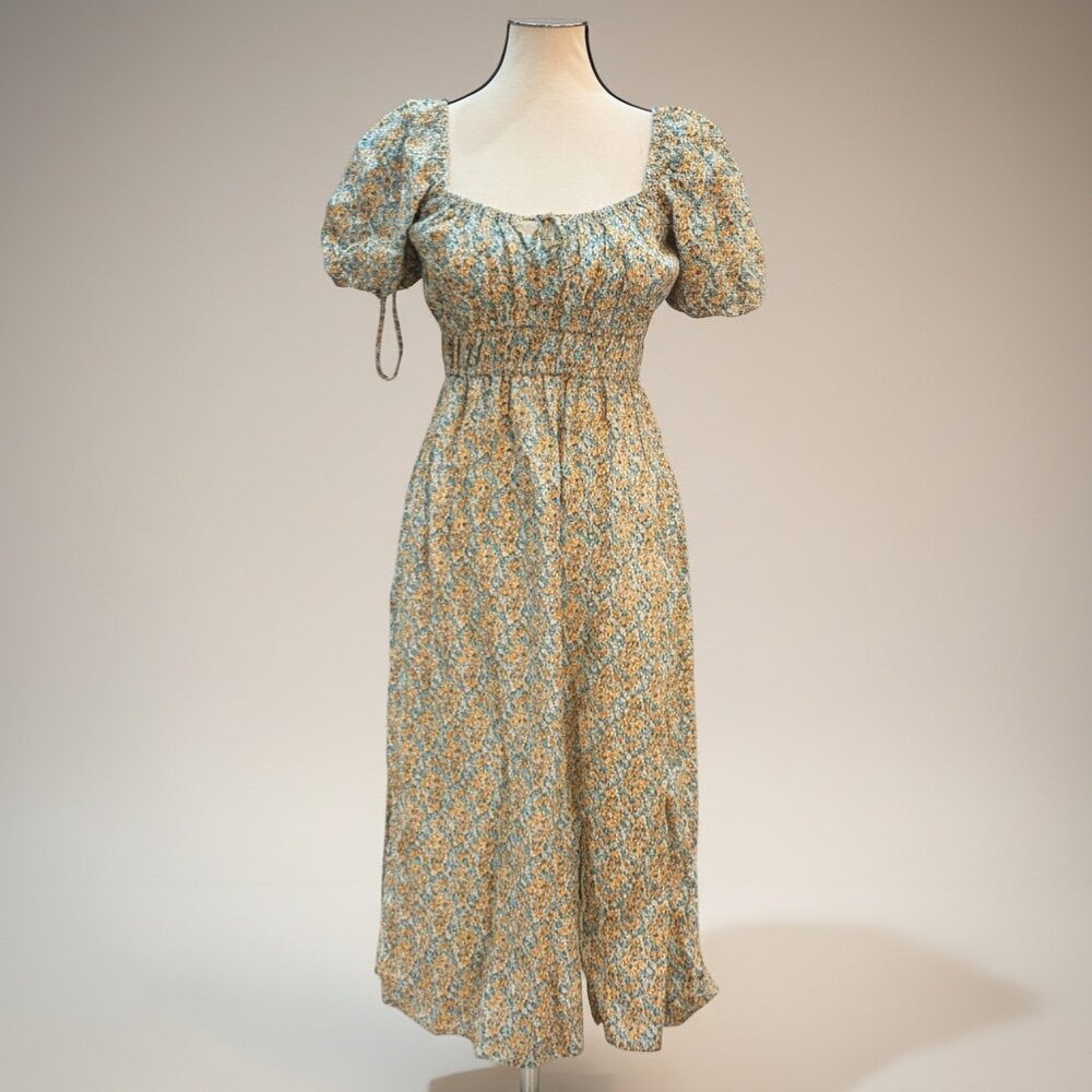 Faithfull The Brand Terina Midi Dress Sabinosa Floral Blue Smocked Size 6 - Picture 5 of 11